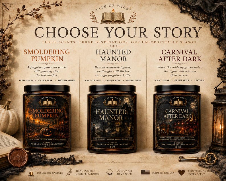 Choose Your Story Halloween After Dark luxury soy candle collection featuring Smoldering Pumpkin, Haunted Manor, and Carnival After Dark in amber glass jars with illustrated labels, fragrance notes, and vintage parchment design by Tale of Wicks.