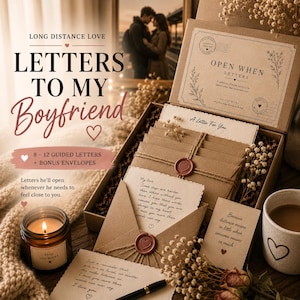 May include: A gift box set titled Letters to My Boyfriend containing 8-12 guided letters and bonus envelopes. The set includes kraft paper envelopes with red wax heart seals, handwritten notes, a scented candle in a glass jar, and a ceramic mug with a heart design, all arranged with dried flowers.