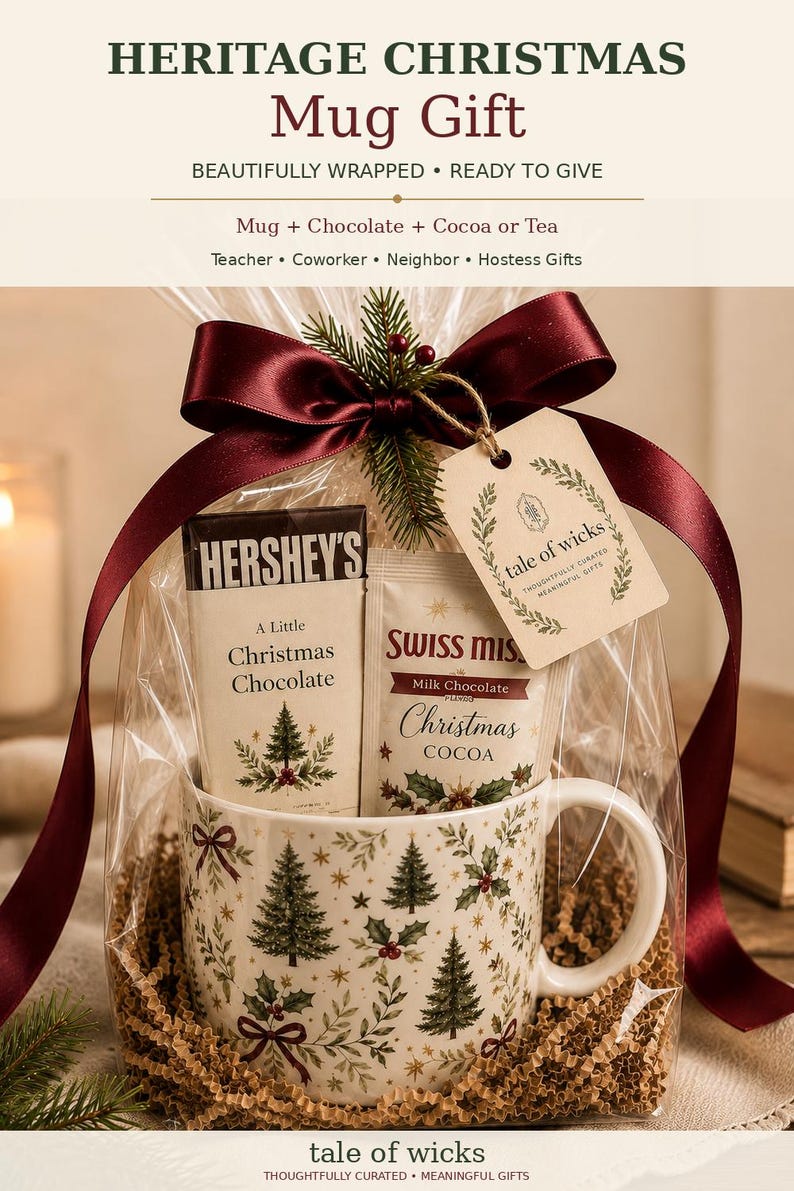 Heritage Christmas mug gift wrapped in clear cello with burgundy ribbon, Hershey’s chocolate and cocoa or tea, styled as a ready-to-give Christmas gift for teachers, coworkers, neighbors and hostesses.