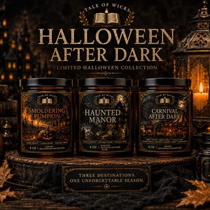 Halloween After Dark luxury soy candle collection size guide featuring Smoldering Pumpkin, Haunted Manor, and Carnival After Dark candles available in 2 oz, 4 oz, and 8 oz amber glass jars with illustrated gothic labels by Tale of Wicks.