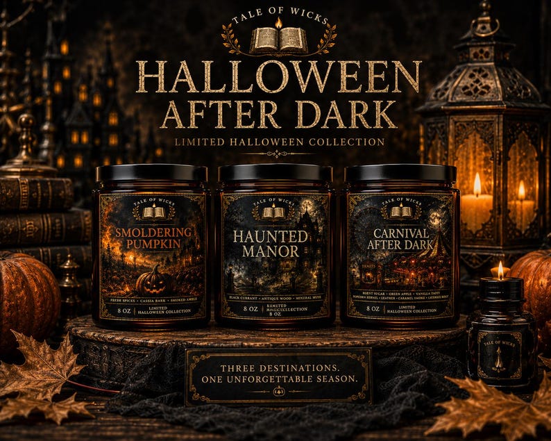 Halloween After Dark luxury soy candle collection size guide featuring Smoldering Pumpkin, Haunted Manor, and Carnival After Dark candles available in 2 oz, 4 oz, and 8 oz amber glass jars with illustrated gothic labels by Tale of Wicks.