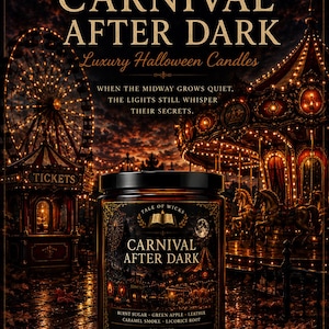 Carnival After Dark luxury Halloween soy candle in an amber glass jar displayed in a vintage moonlit carnival with a glowing carousel, Ferris wheel, ticket booth, and warm autumn lights from the Tale of Wicks Halloween After Dark Collection.