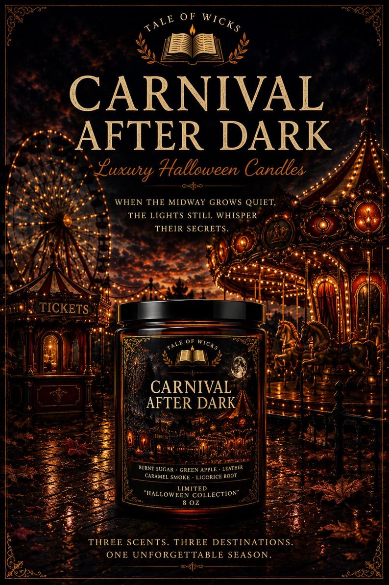 Carnival After Dark luxury Halloween soy candle in an amber glass jar displayed in a vintage moonlit carnival with a glowing carousel, Ferris wheel, ticket booth, and warm autumn lights from the Tale of Wicks Halloween After Dark Collection.
