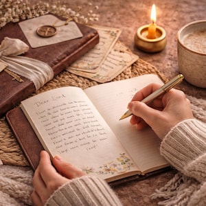 May include: A cozy scene with a journal open to a handwritten letter, a pen, a cup of coffee, and a lit candle. A wrapped brown leather journal with a tag is also present. The text on the open journal reads "Dear Lord".