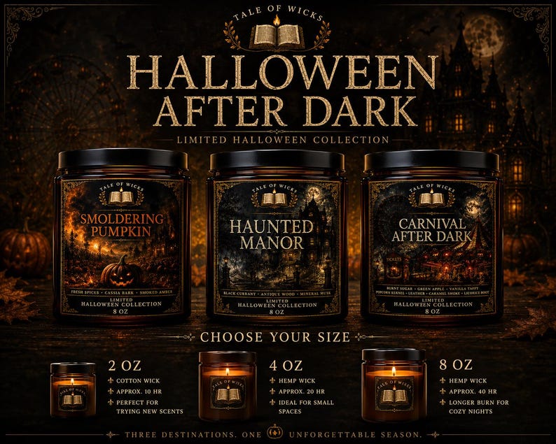 Halloween After Dark luxury soy candle collection size guide featuring Smoldering Pumpkin, Haunted Manor, and Carnival After Dark candles available in 2 oz, 4 oz, and 8 oz amber glass jars with illustrated gothic labels by Tale of Wicks.