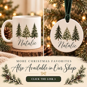 ok give the alt text for this one
Personalized Christmas tree mug and matching ceramic ornament featuring three watercolor evergreen trees and the name Natalie. Cozy holiday gift display with olive velvet ribbon, warm Christmas lights, and evergreen greenery. Both gifts available separately at Tale of Wicks.