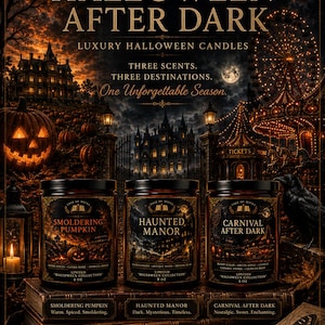 Halloween After Dark luxury Halloween soy candle collection featuring Smoldering Pumpkin, Haunted Manor, and Carnival After Dark in amber glass jars with illustrated labels, displayed in a cinematic autumn scene with pumpkins, haunted manor, vintage carnival, lanterns, and Tale of Wicks storytelling artwork.