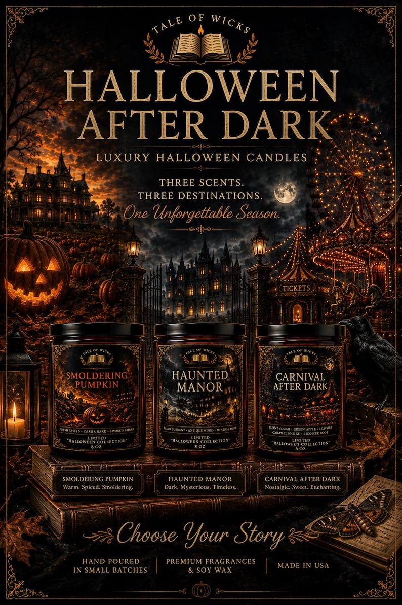 Halloween After Dark luxury Halloween soy candle collection featuring Smoldering Pumpkin, Haunted Manor, and Carnival After Dark in amber glass jars with illustrated labels, displayed in a cinematic autumn scene with pumpkins, haunted manor, vintage carnival, lanterns, and Tale of Wicks storytelling artwork.