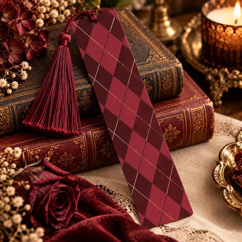 Merlot Rose Color Mustard Navy Argyle Bookmark Teacher Gift for Librarian Vintage ...