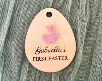Personalized First Easter basket tag for baby, custom wooden Easter bag charms