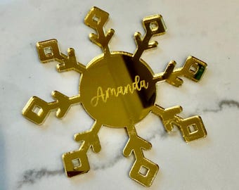 Gold Mirror Acrylic Snowflake Place Card • Laser Cut Name Tag