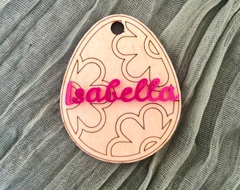 Personalized Easter Basket Tag: Wooden Flower Design, Acrylic Name