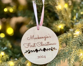 Personalized Baby's First Christmas Wooden Ornament: Laser Engraved Birth Announcement