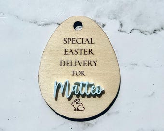 Personalized Easter basket tag for kids, custom wooden Easter bag charms