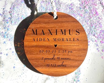 Baby's First Christmas Wooden Ornament: Laser Engraved Birth Announcement