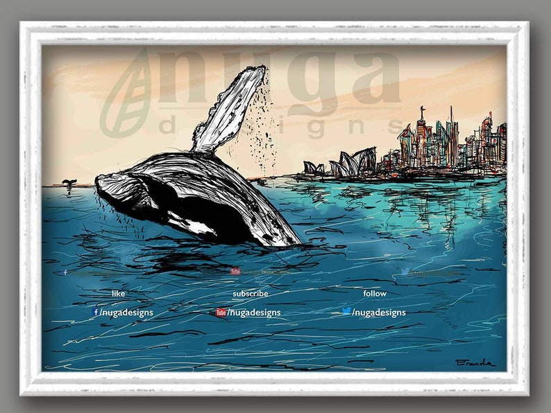 Whale Swimming Sydney Australia Opera House Hand Drawn Art Etsy