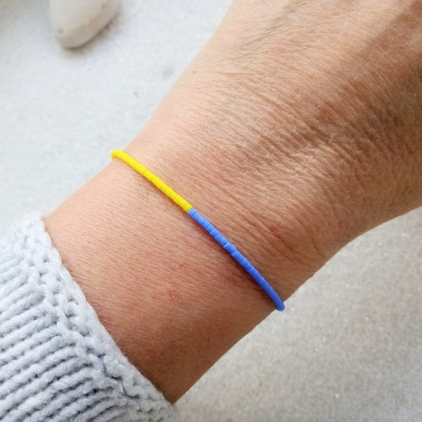 Delicate Ukraine bracelet or anklet made of fine glass beads, elastic blue yellow, solidarity for Ukraine