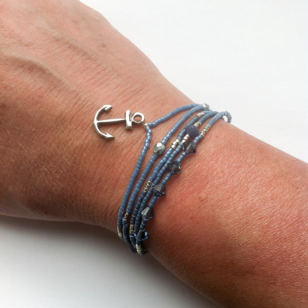 maritime bracelet with anchor pendant denim blue 5 single bands