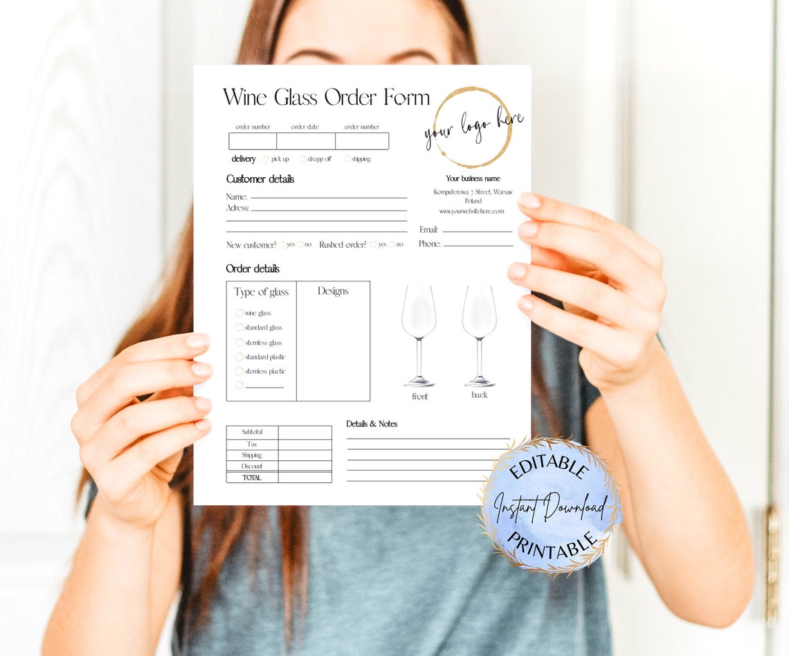EDITABLE Wine Glass Order Form Template Simple Modern Glass Etsy