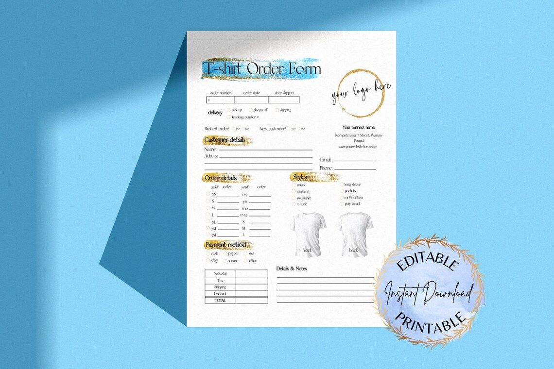EDITABLE Blue and Gold Tshirt Order Form Template Simple Etsy