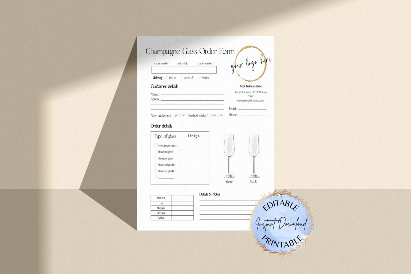 EDITABLE Champagne Glass Order Form Template Simple Modern Etsy