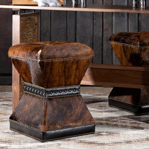 Winchester Cowhide Counter Stool | Brindle Cowhide | Western Design | Western Counter Stool | Brown Hour Glass Counter Stool