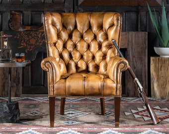 Texas Rose Tufted Leather Chair | Painted Bison Skull | American