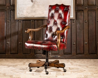 Chisum Coral Leather Desk Chair | Red | American Made | High Quality | Executive | Office | Western | Tufted