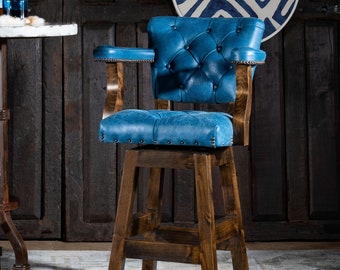 Tufted Denim Blue Leather Barstool | American Made Alder Wood Swivel