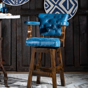 Chisum Levi Tufted Leather Barstool | Blue | Denim | Swivel | American Made | High Quality