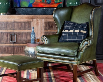 Gentry Olive Wingback Chair, Green Full Grain Leather Reading Chair with Nailhead Trim