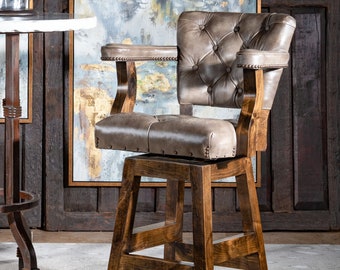 Chisum Slate Barstool | Leather | Tufted | Swivel | Modern Rustic | Arms | Grey | Taupe