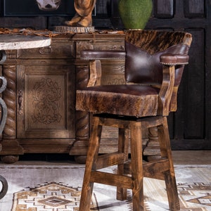 Chisum Wrangler Barstool | American Made | Top Grain Leather - Swivel Stool | Cowhide | Cowhide | Medium Brown | Brindle Cowhide
