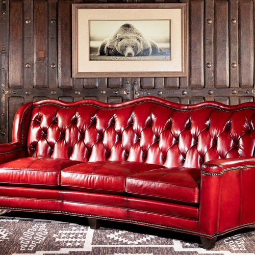 Oakley Red Leather Sofa Tufted Top Grain American Made Oakley Red Leather Sofa Tufted Top, Used Tufted Leather Sofa