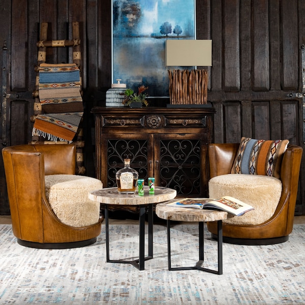 Taos Swivel Chair, Genuine Shearling and Full Grain Leather Accent Seating