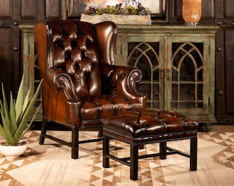 Hand Burnished Leather Wingback Chair | Tufted Accent Furniture