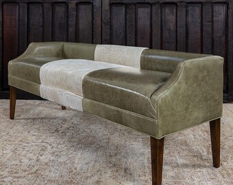 Moss Green Leather Bench | Full Grain Cowhide, Western Style