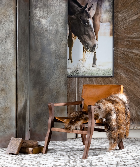 Greco Leather Sling Chair Vintage Modern Rustic Wood American Made