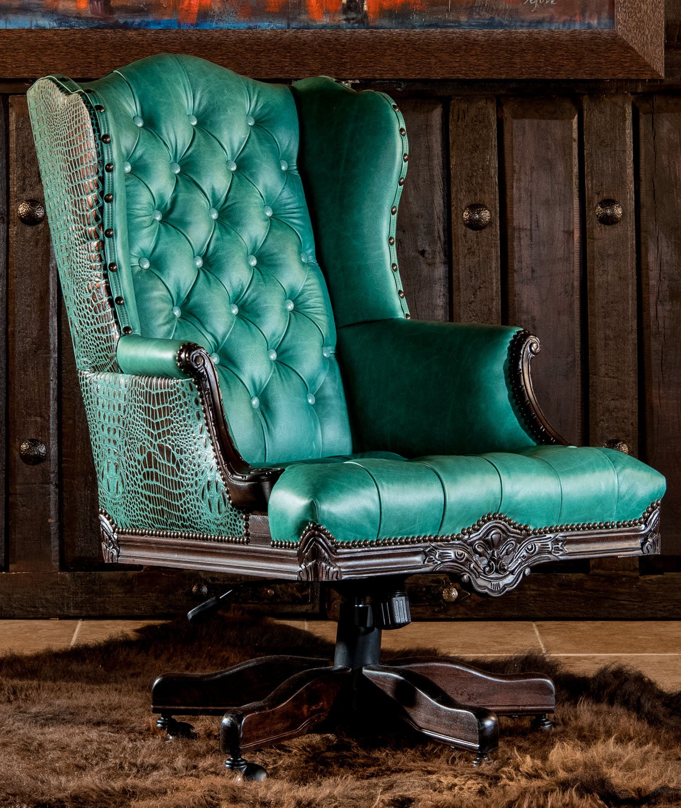 Chisum Turquoise Executive Desk Chair Tufted Carved Wood Etsy