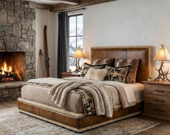 Full Grain Leather Bed | Shearling Trim, Mountain Modern Design