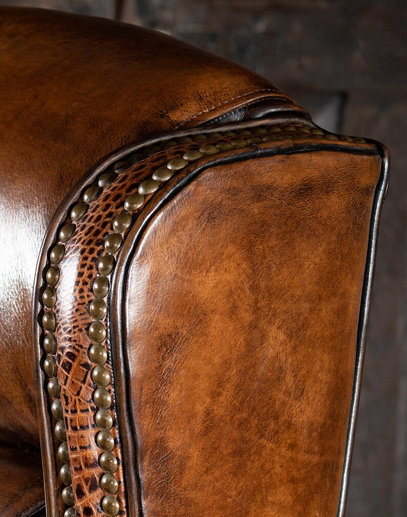 May include: Close-up of a brown leather armchair with a decorative stitched border and brass studs. The leather has a textured alligator pattern.