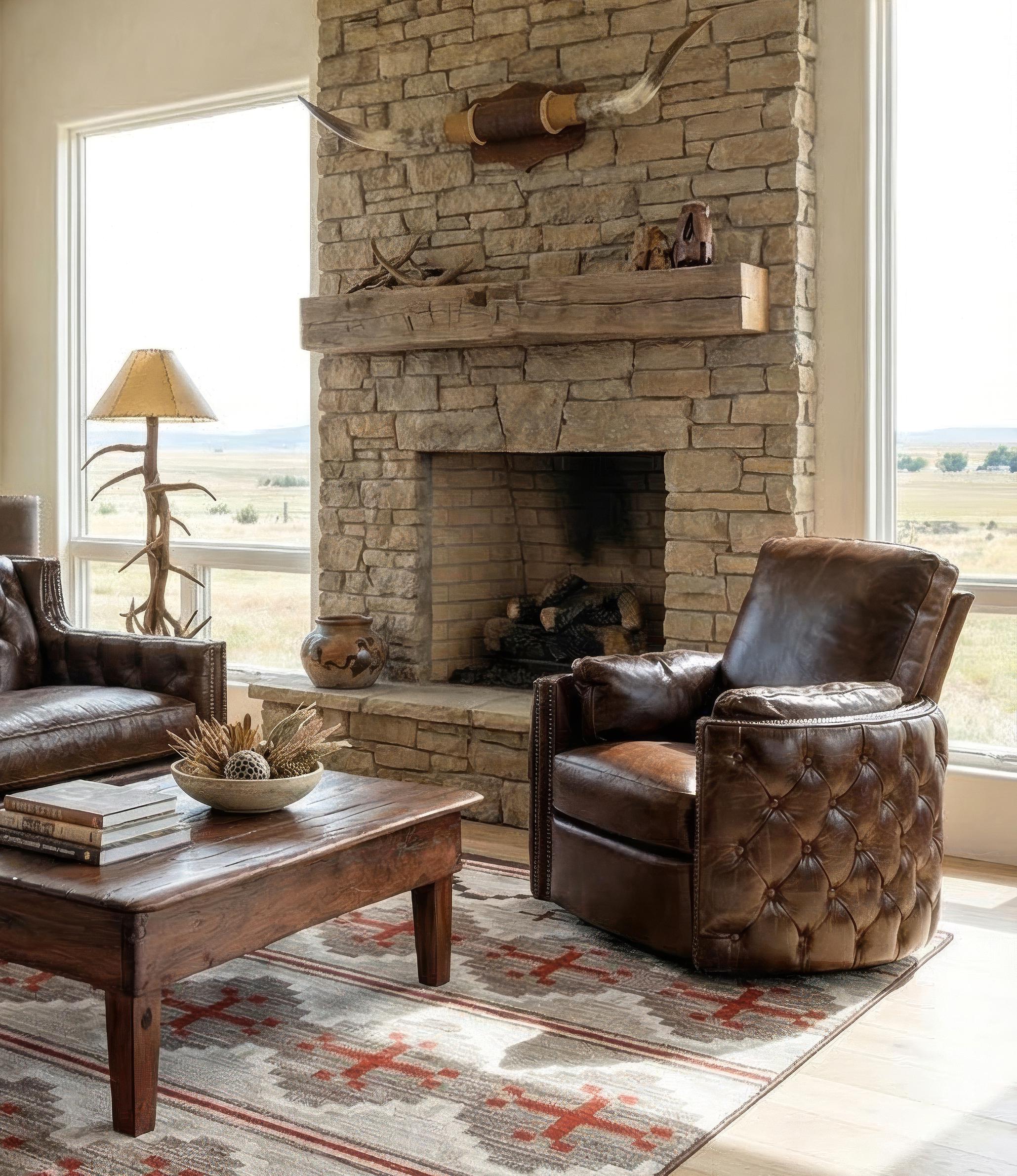 ヴァンガード Boulder Brown Leather Barrel Swivel Recliner Chair, Diamond Tufted
