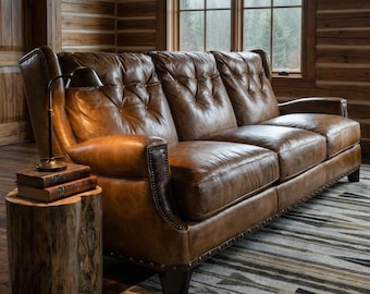 Hand Burnished Full Grain Leather Sofa | American Made, Western Saddle Style