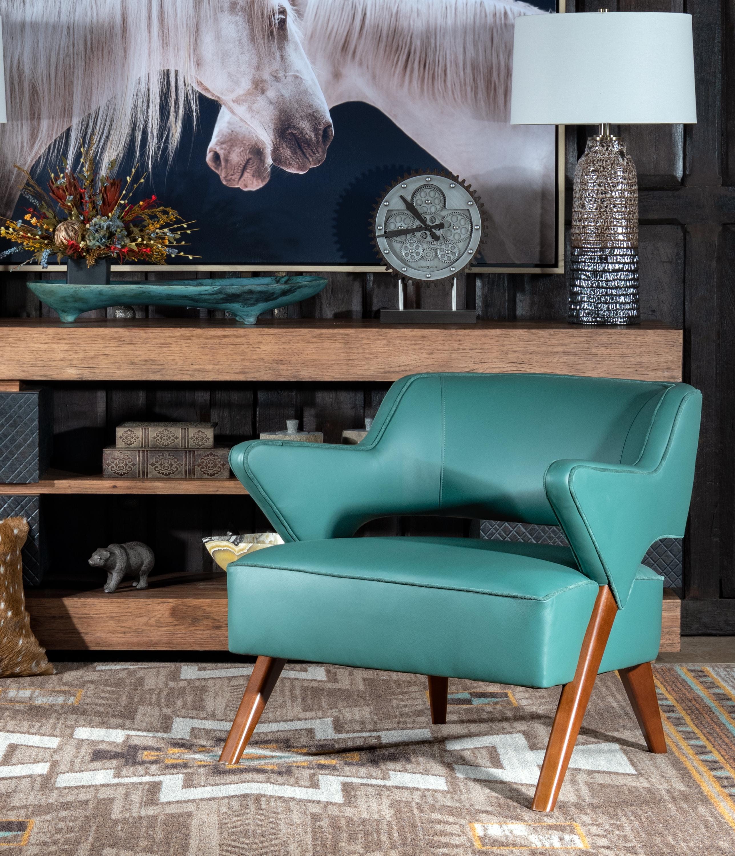 アート・デザイン・音楽 THE AMERICAN VINTAGE FURNITURE Zodiac Teal Leather Accent Chair | American Made, Solid Wood Frame