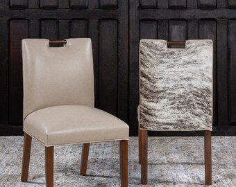 Ivory Leather Dining Chair | Cowhide Back, Solid Wood Frame