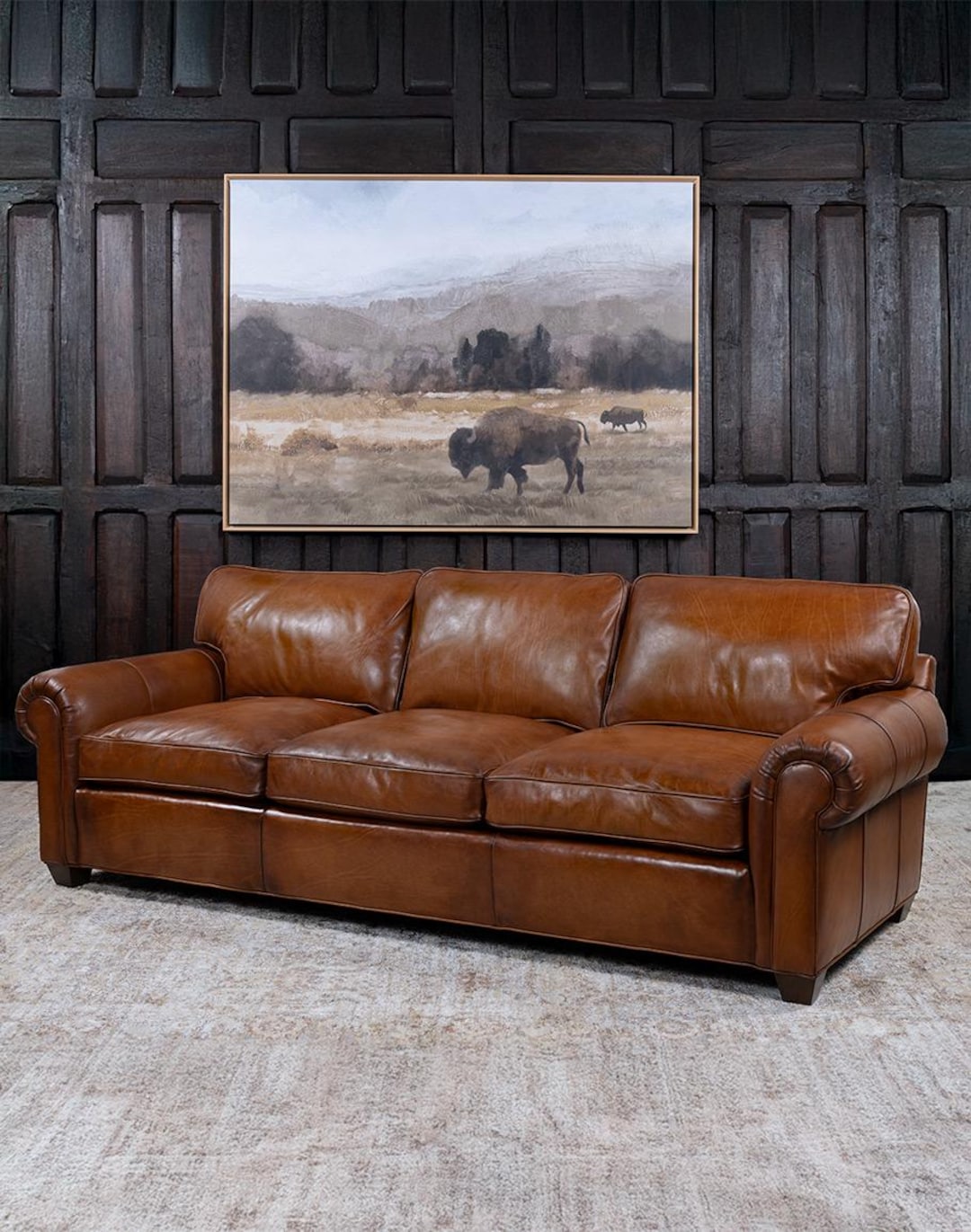 Tobacco Brown Full Grain Leather Sofa | 8-way Hand Tied, American Made