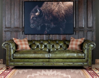 Berkshire Olive Leather Chesterfield Sofa | American Made, Hand-Tied