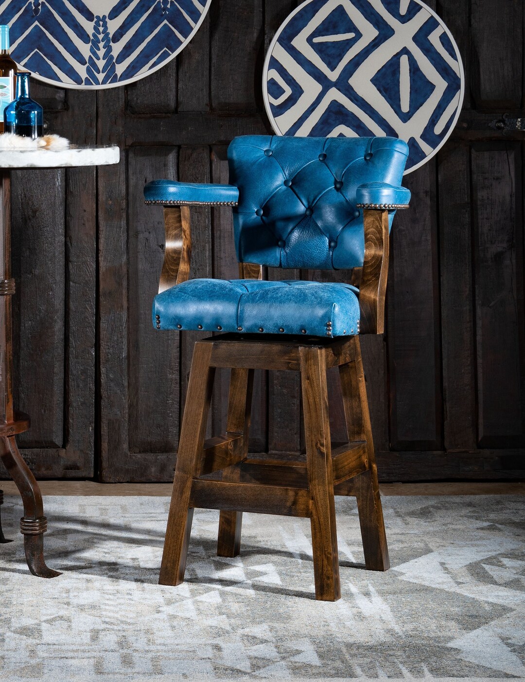 Chisum Levi Tufted Leather Barstool Blue Denim Swivel Etsy