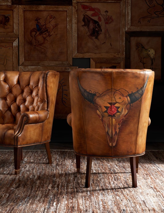 Texas Rose Tufted Leather Chair | Painted Bison Skull | American