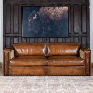 Cowboy Architect Sofa | American Made | High Quality | Full Grain Leather With Shearling  | Vintage | Classic Western  | 8 Way Hand Tied